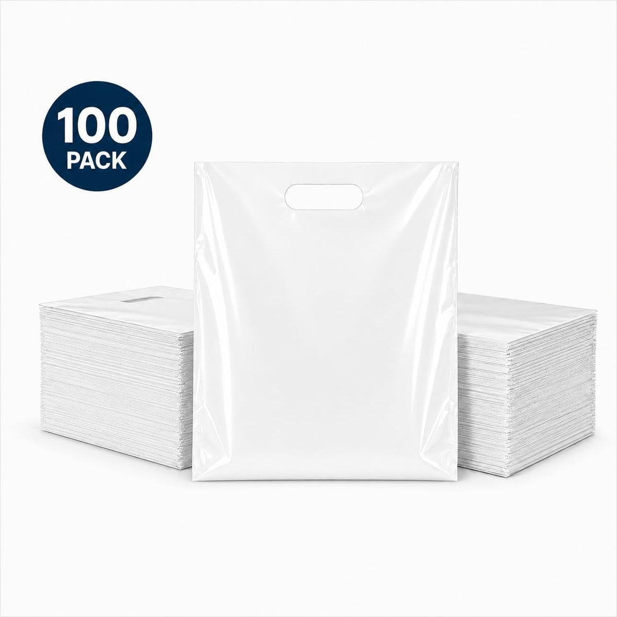 100 Count White Merchandise Bags 12" x 15" with Die-Cut Handles