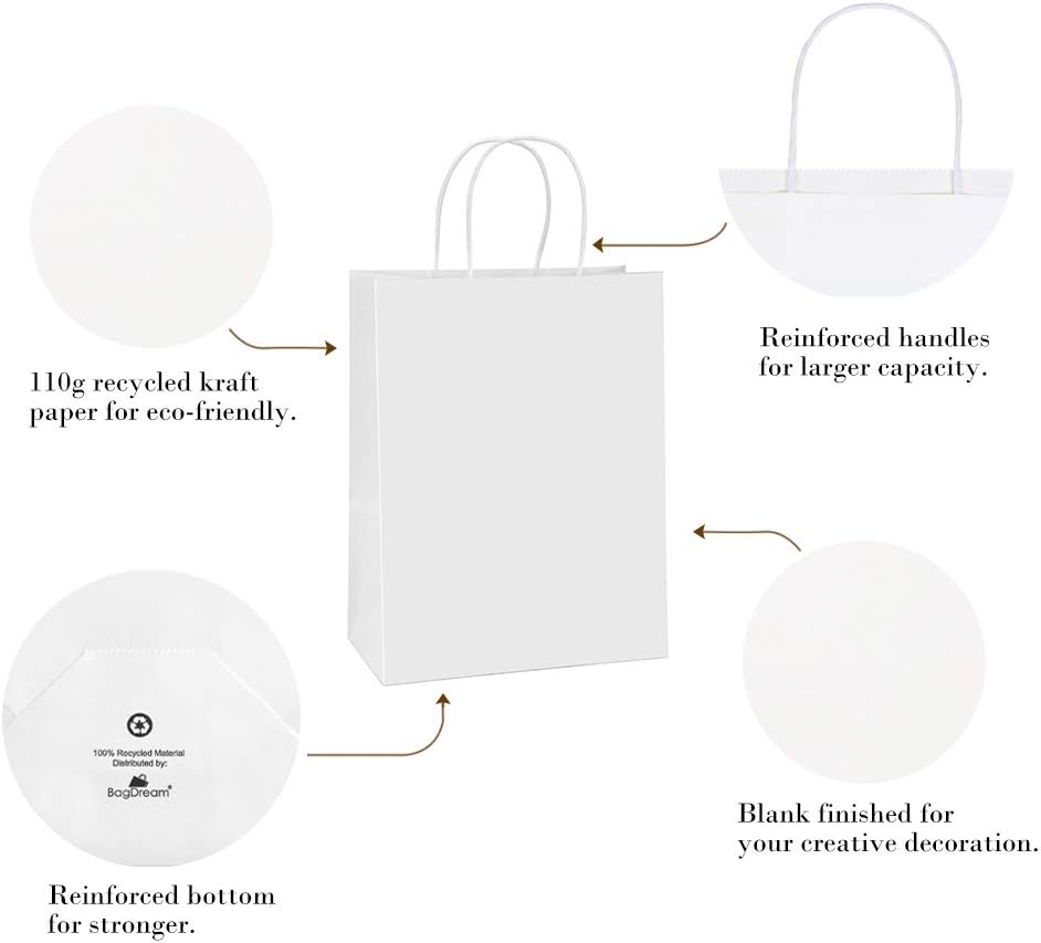 Kraft Paper Bags with Handles 10x5x13 Inch White 100 Pack Bulk
