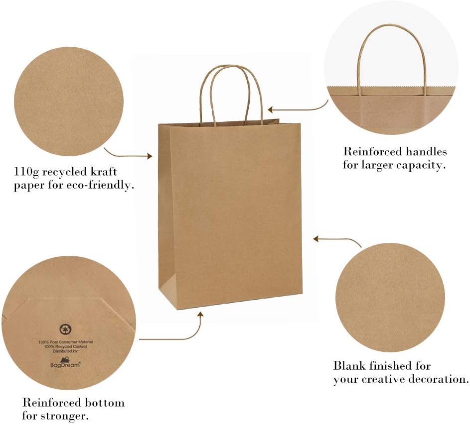 Kraft Paper Bags with Handles 10x5x13 Inch Brown 100 Pack Bulk