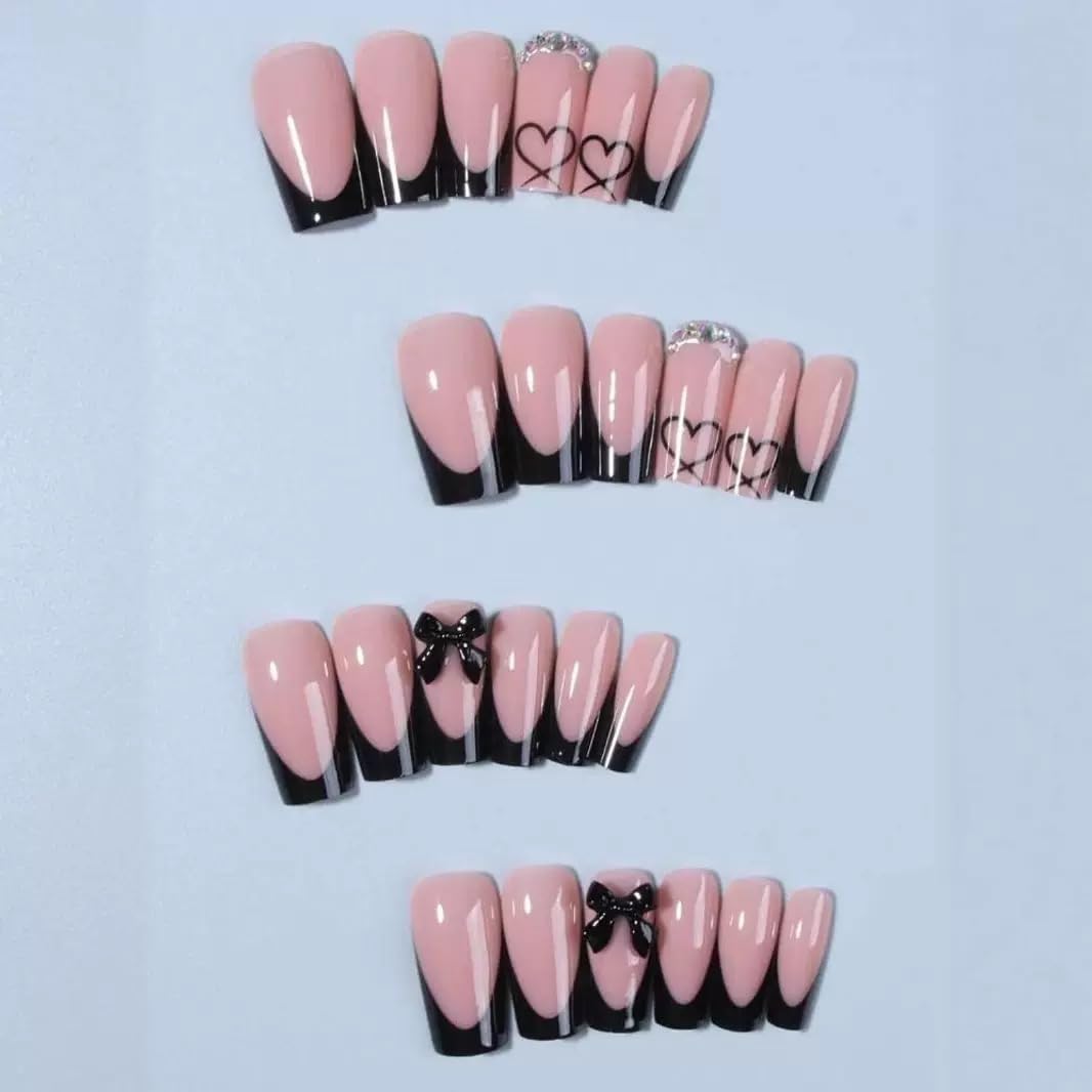 Press on Nails Square, Medium, Black French Tip Fake Nails