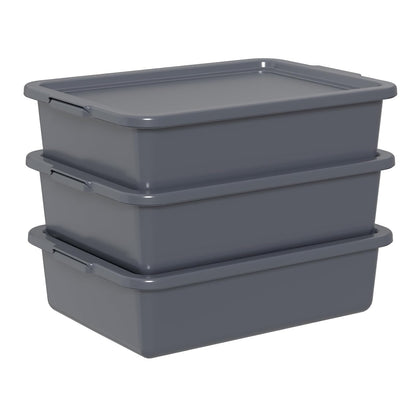 13 L Commercial Bus Tub with Lid, Restaurant Bus Box, 3 Packs | Gray Stackable Small Plastic Utility Bus Tubs for