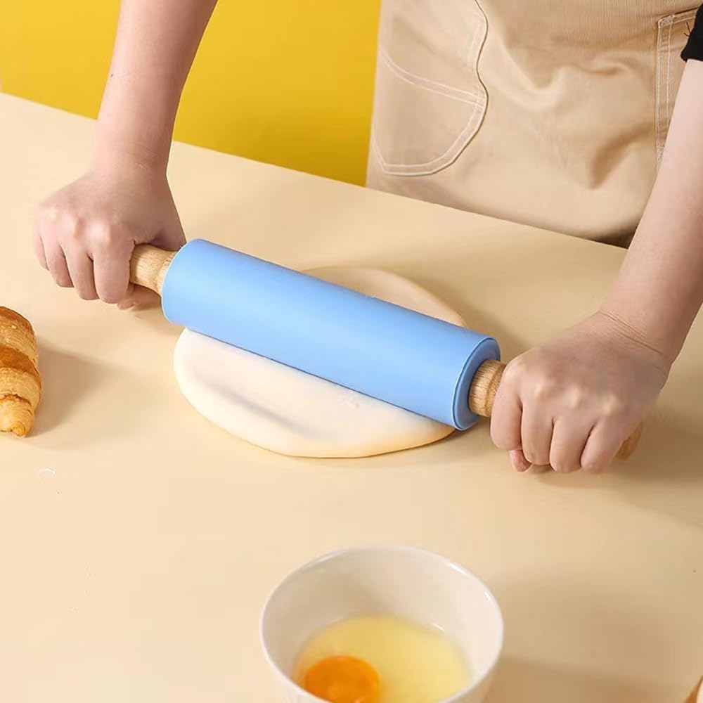 Silicone Rolling Pin with Wooden Handle - Non Stick Surface Dough Roller-roller pins for baking