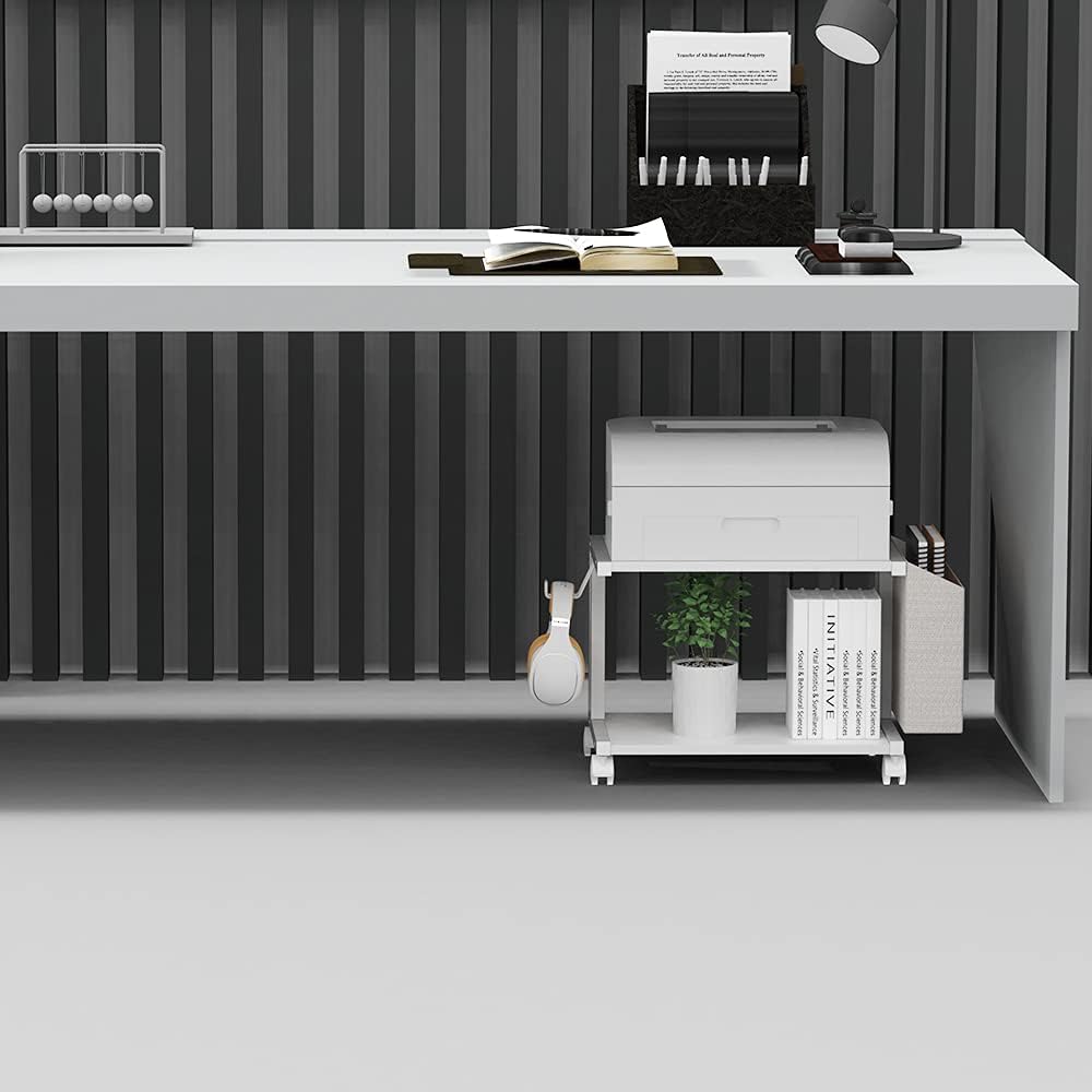 2 Tier Modern White Wooden Under Desk Printer Stand with Storage Bag for Home Office Desktop Printer Table Organizer