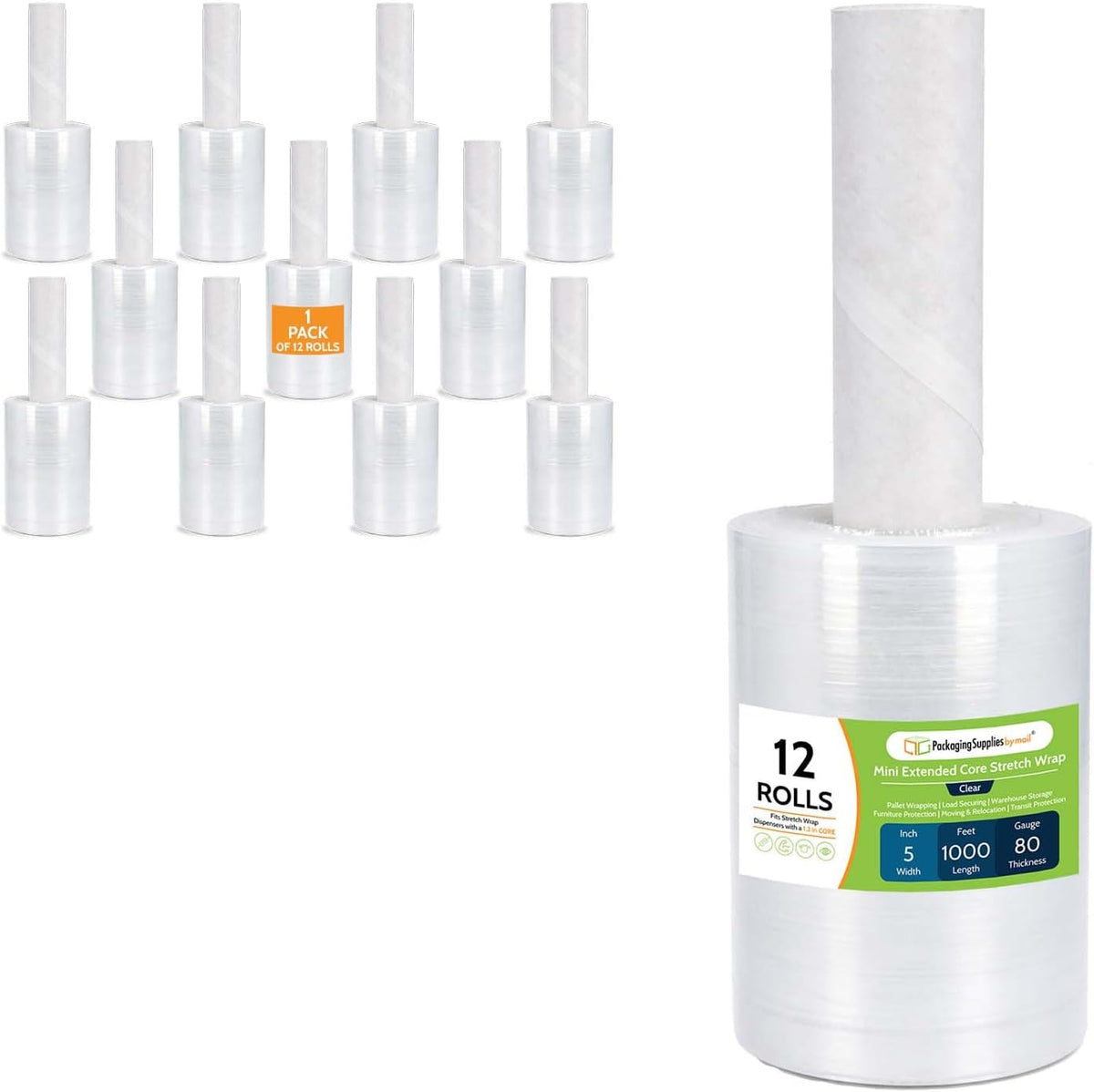 PSBM Mini Stretch Wrap Extended Core, 5" x 1000', 80 Gauge, Clear 12 Rls