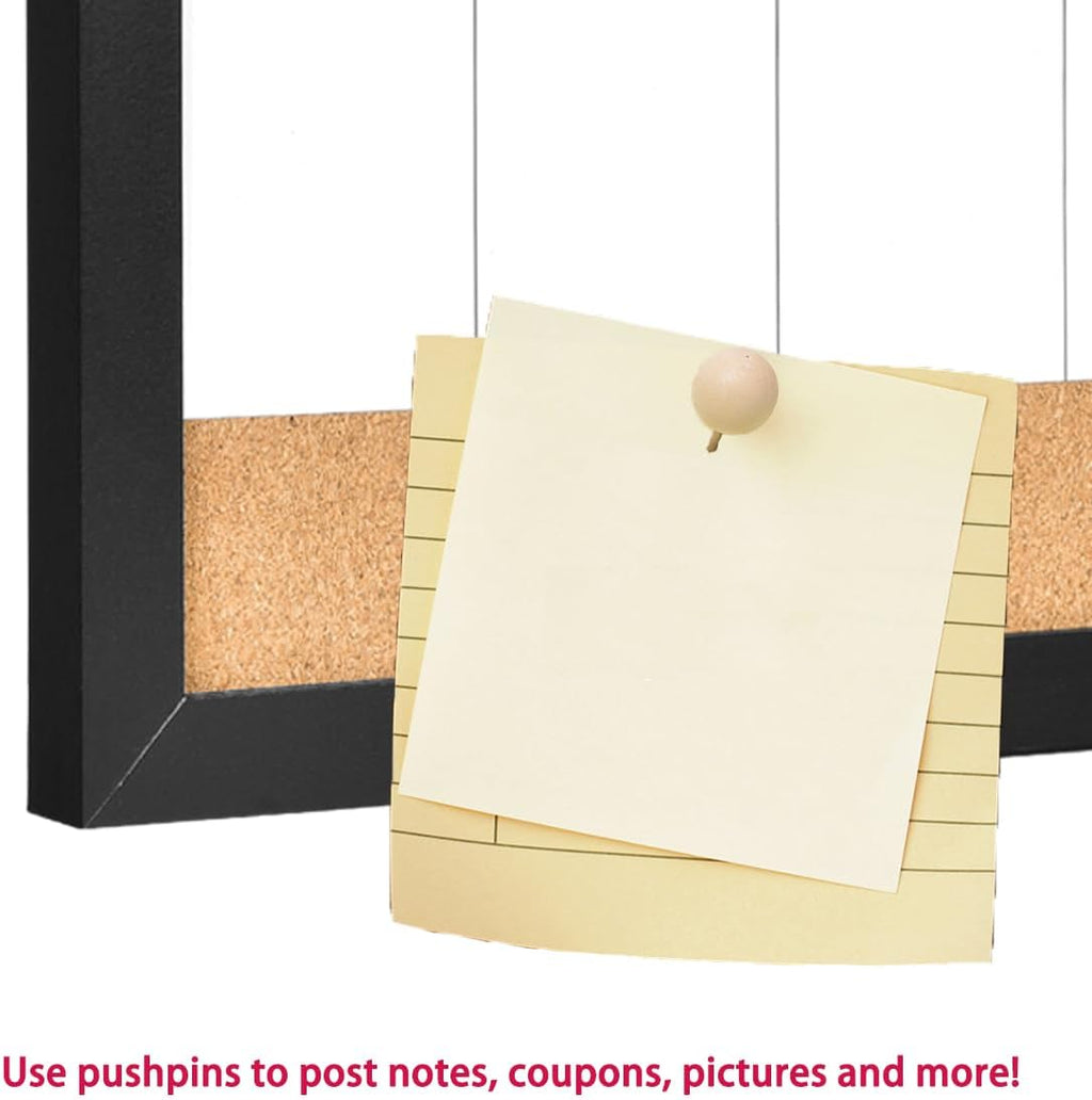 Magnetic Weekly Dry Erase White Board and Cork Board, Black Wood Frame，Magnetic Surface Whiteboard for Home Office