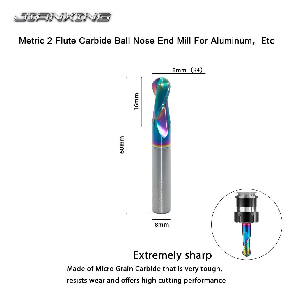 8mm R4 2-Flute Carbide Ball Nose End Mill, 1 pc