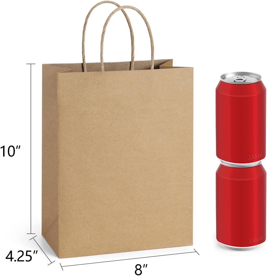 Gift Bags with Handles 8x4.25x10 Inch Brown 200 Bulk Packs
