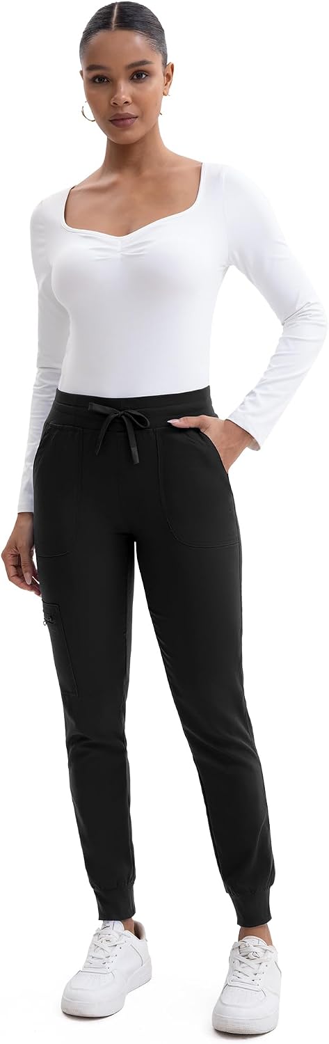 Scrub Pants for Women- Slim Fit Jogger Pants with 5 Pockets, 4-Way Stretch Soft Fabric Cargo Work Pant Black