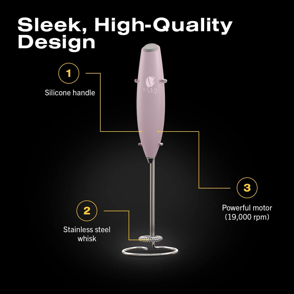 Milk Frother Handheld - Coffee Mixer Wand with Stand - Pink | Battery Operated, Stainless Steel Whisk, 19000 RPM