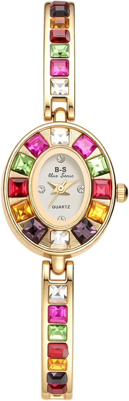 Women's Vintage Bracelet Watches: Ladies Colorful Stones Gold Watch Oval Multicolor Slim Strap Elegant Analog Quartz