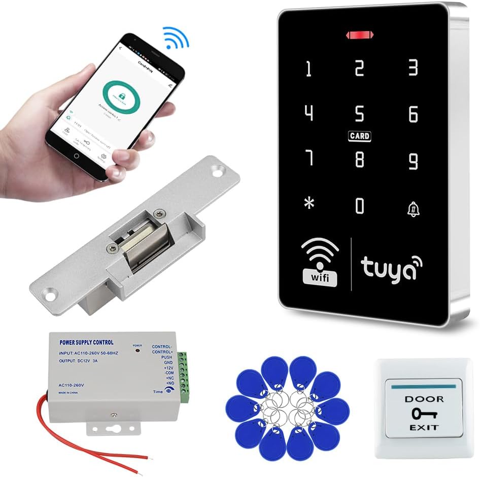 WiFi Tuya APP Access Control System Waterproof Kits RFID Keypad Controller 125KHz 13.56MHz + Door Electric Strike