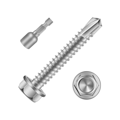 #14 x 2 Hex Washer Head Self Drilling Screws, Self Tapping Sheet Metal Screws, 410 Stainless Steel, 25 PCS
