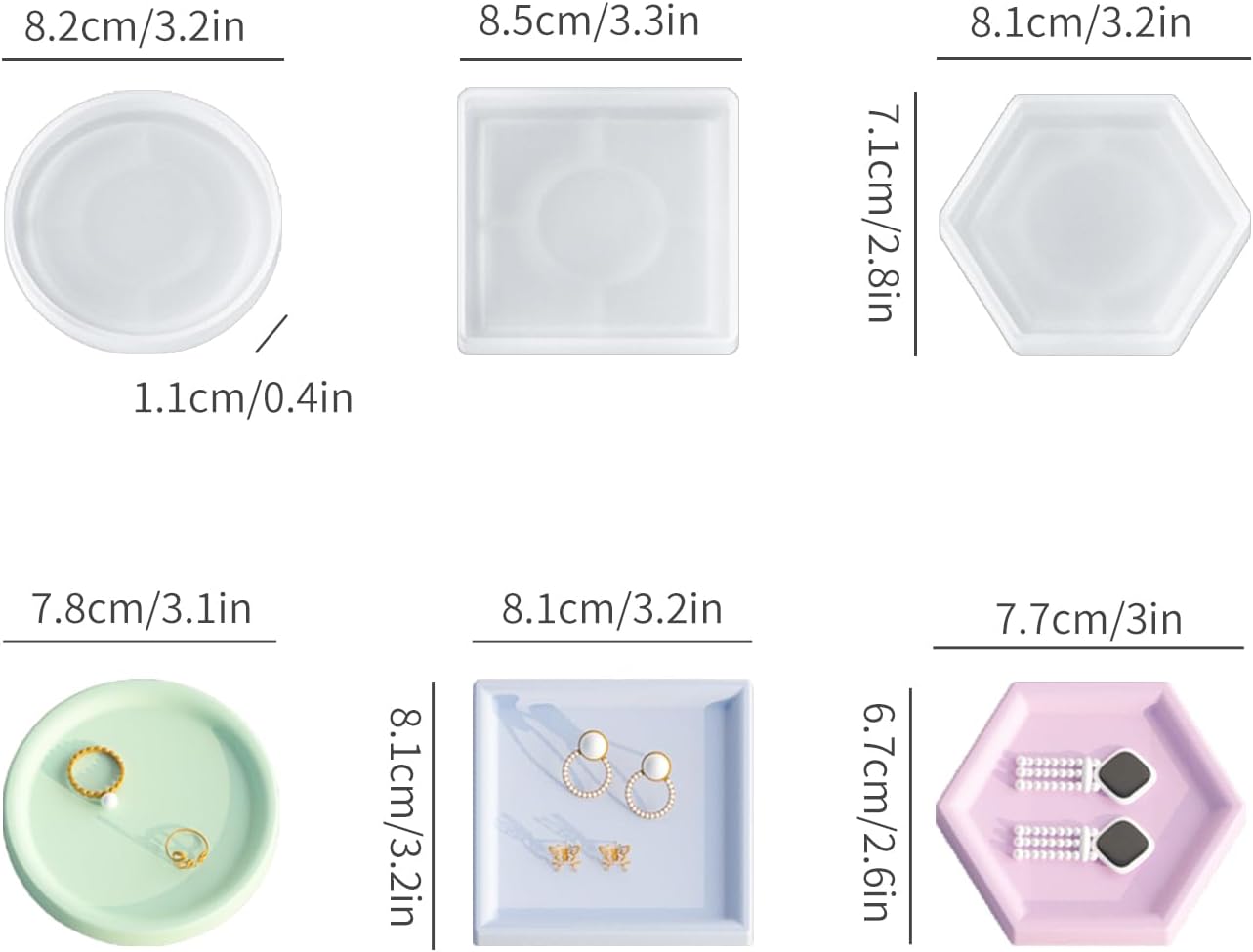 3.2" Small Resin Coaster Molds for Epoxy Resin, Round Square Hexagon Soap Dish Silicone Molds for Art Crafts, Trinket