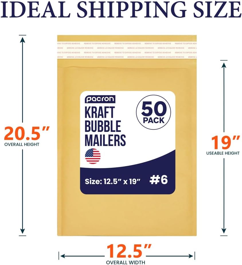 Self-Seal Kraft Bubble Mailers 12.5x19, 50-Pack Padded Envelopes