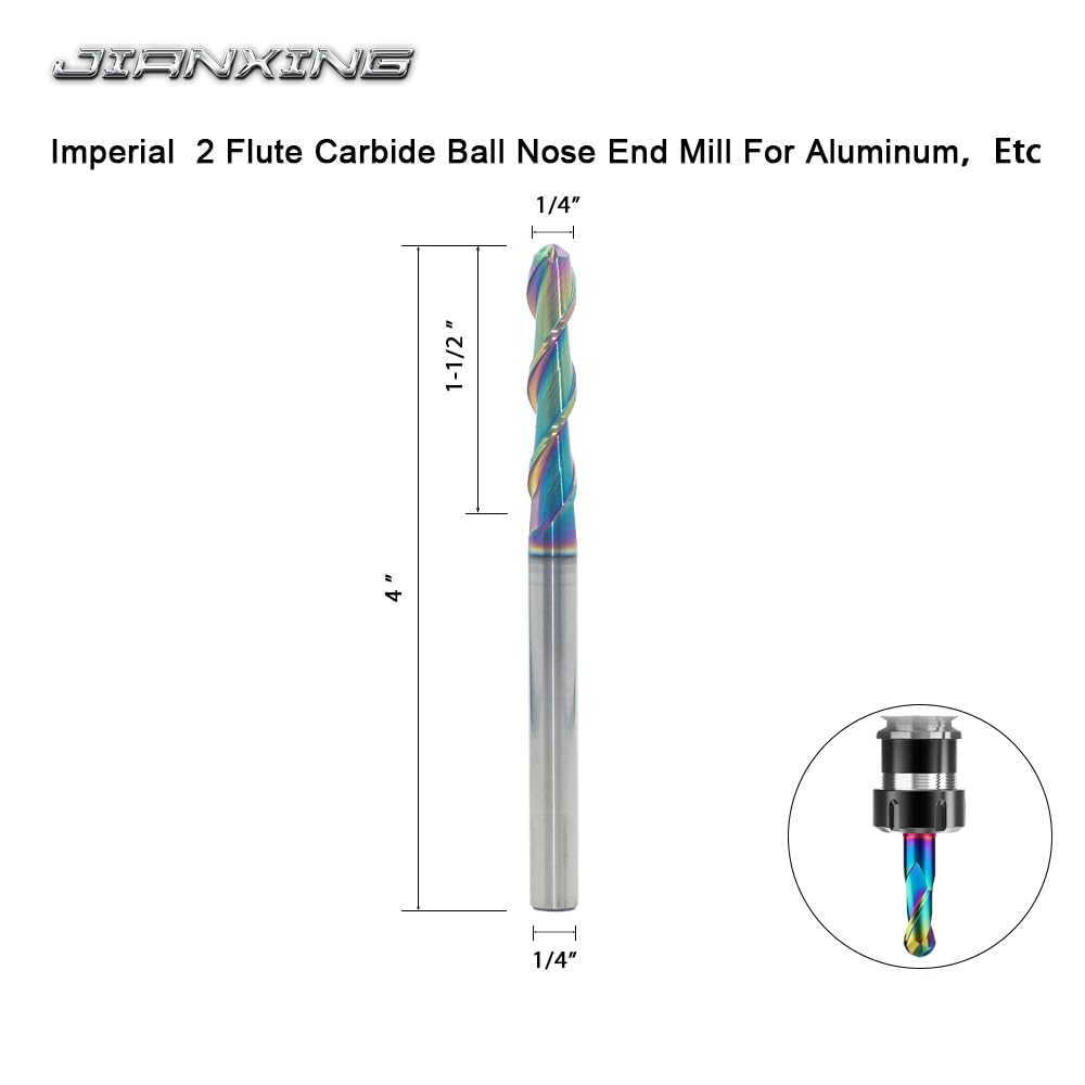 1/4" Extra Long 2-Flute Carbide Ball Nose End Mill, 4” OAL, 1pc