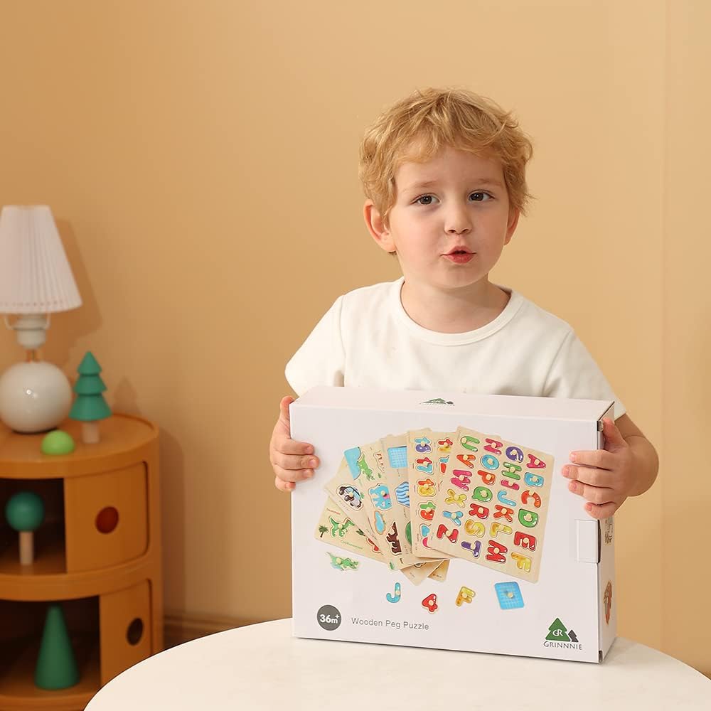 GRINNNIE Wooden Peg Puzzle for Toddlers, 6 Pack Toddler Puzzles Set for 3 4 5 Years Old (Alphabet Number Shape Animal