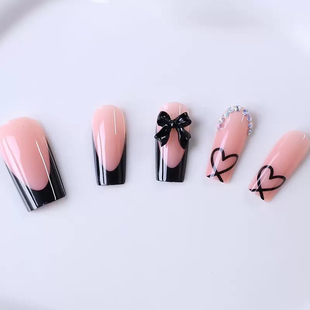 Press on Nails Square, Medium, Black French Tip Fake Nails