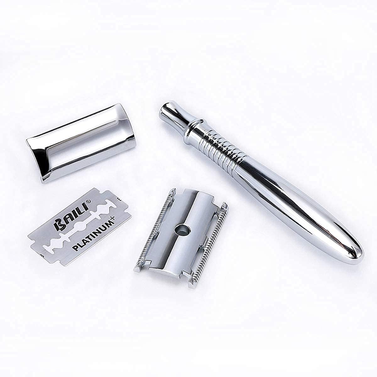 Classic 3-Piece Metal Double Edge Eco Safety Razor Long Handle Wet Shaving Kit for Men Women with 5 Platinum Blades