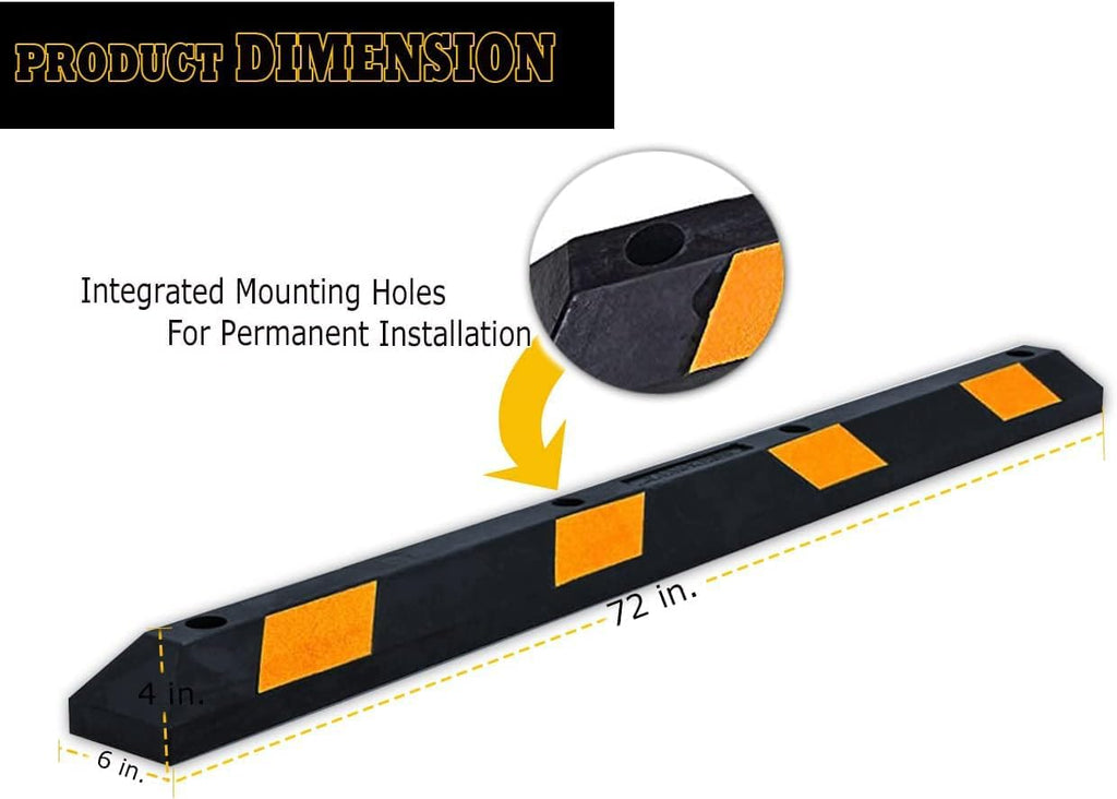 Premium Quality Large Heavy Duty Rubber Parking Curb- 72” Stopper w/Yellow Reflective Tape Car Garage Wheel Stopper