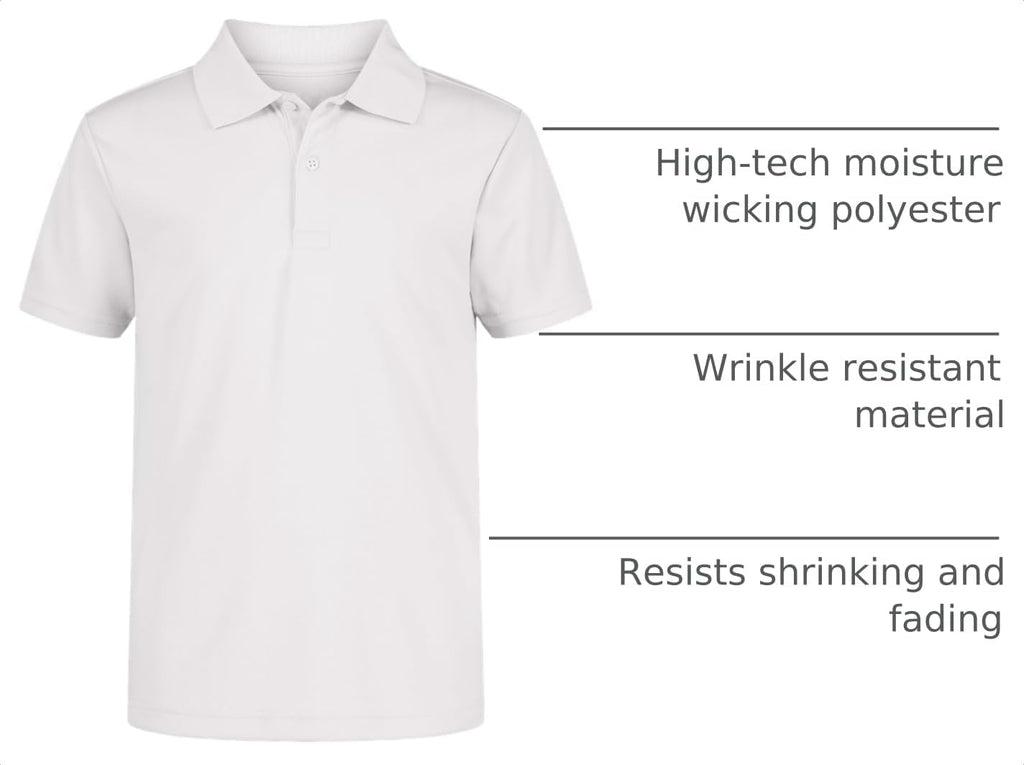 Boys' School Uniform Short Sleeve Polo Shirt, Button Closure, Moisture Wicking Performance Material