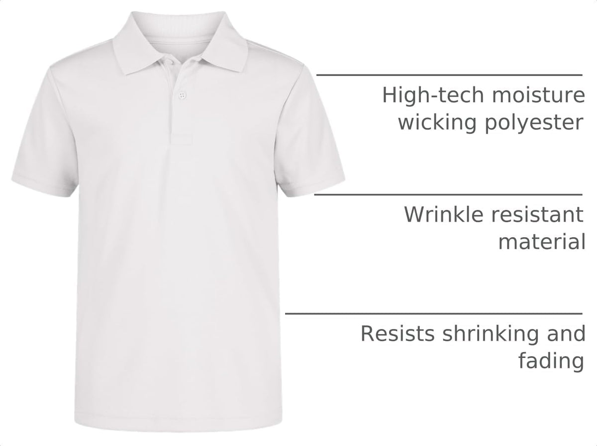 Boys' School Uniform Short Sleeve Polo Shirt, Button Closure, Moisture Wicking Performance Material