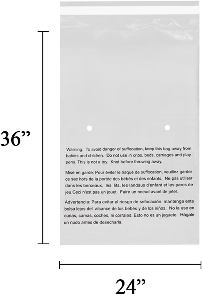 24” X 36" (5 Count) Self Seal Clear Poly Bags with Suffocation Warning for Packaging, Shipping - Permanent Adhesive