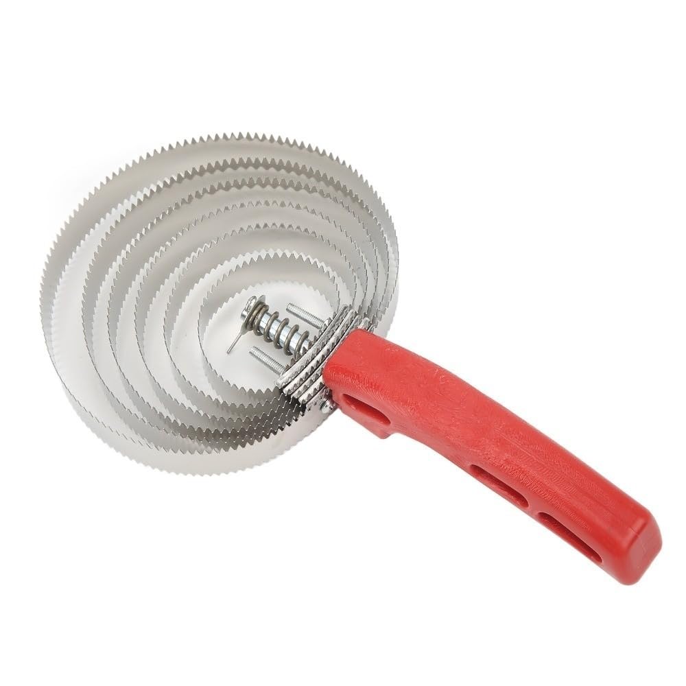 6-Ring Stainless Steel Curry Comb, Reversible Livestock Grooming Brush with Serrated Edge, Ergonomic Red Handle for