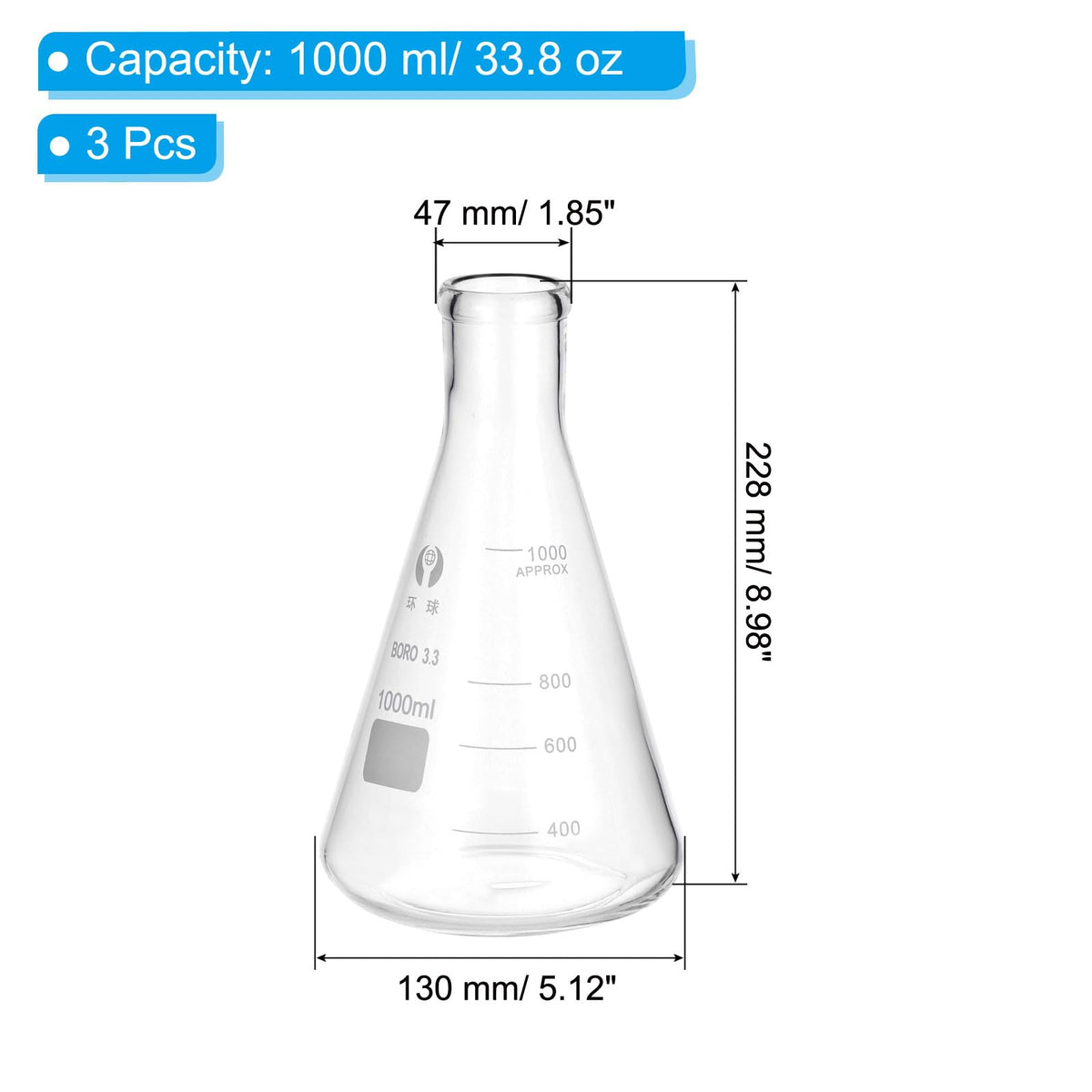 Erlenmeyer Flask,3 Pcs 1000ml 33.8oz Narrow Mouth Graduated Flasks