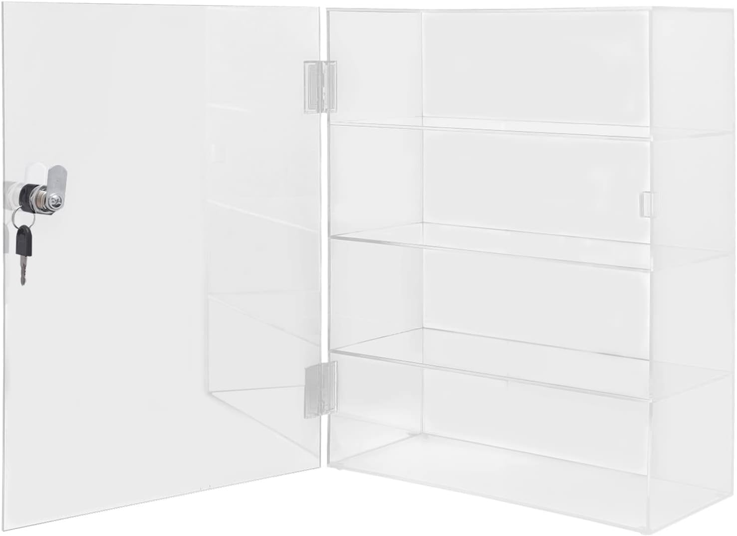 Acrylic Display Case with Lock Key, 4-Tier Locking Countertop Display Case with Shelves, Clear Lockable Showcase