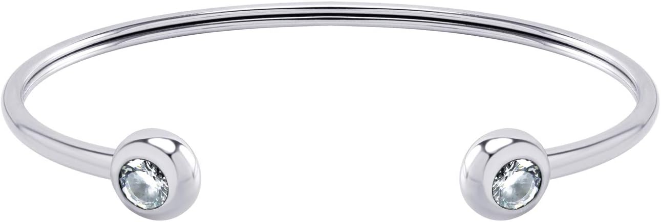 Stainless Steel Open Cuff Bangle CZ Bead Bracelet for Women & Ladies