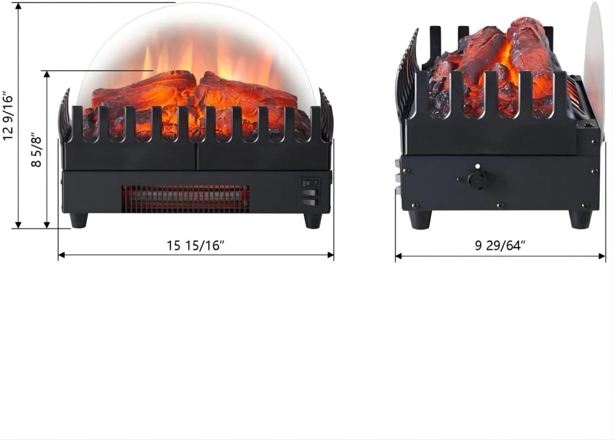 Electric Fireplace Log Heater, 16" Fireplace Inserts with Realistic Ember Bed, Thermostat, 750/1500W, Black