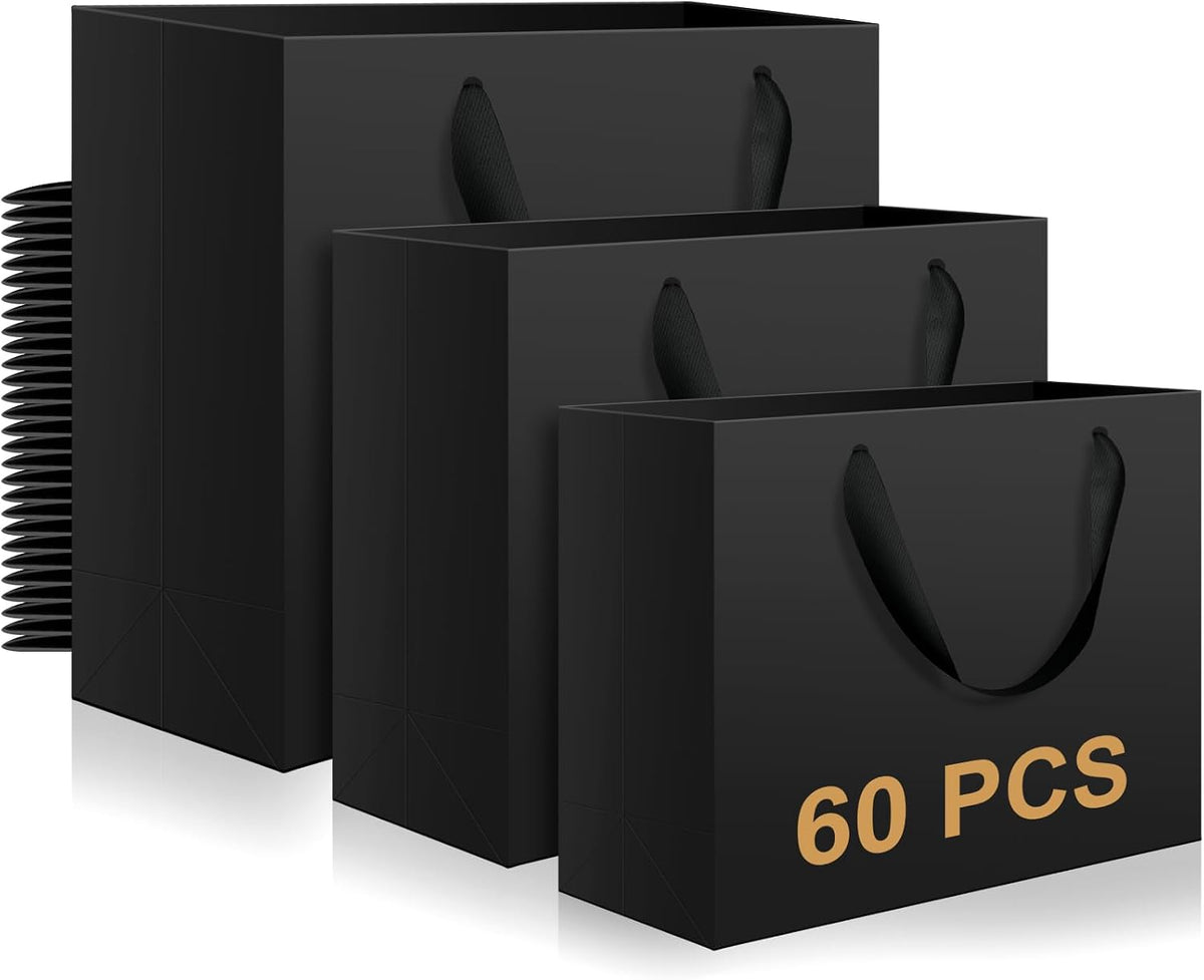 60 Pcs Black Paper Bags with Handles, Assorted Sizes Gift Bags