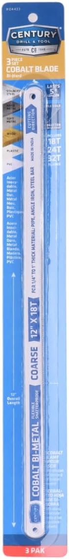Century Drill & Tool 04433 Cobalt Bi-Metal Hacksaw Blade Set, 3 Piece, 12-Inch