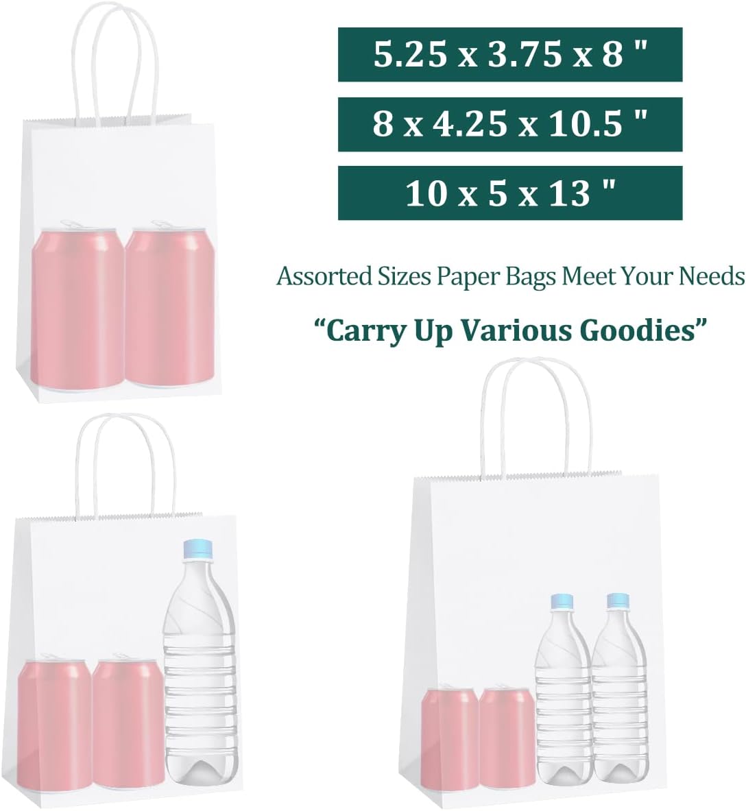 45Pcs White Paper Bags with Handles, Assorted Sizes Gift Bags Kraft