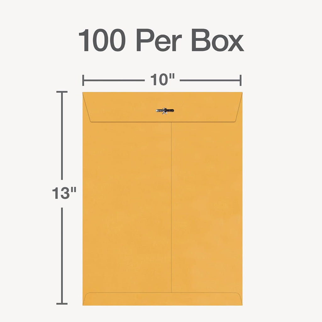 Clasp Envelopes, Heavy-Duty Brown Kraft, Secure Metal Clasp and Gummed Seal, Large Mailing Envelopes, 10" x 13", 100