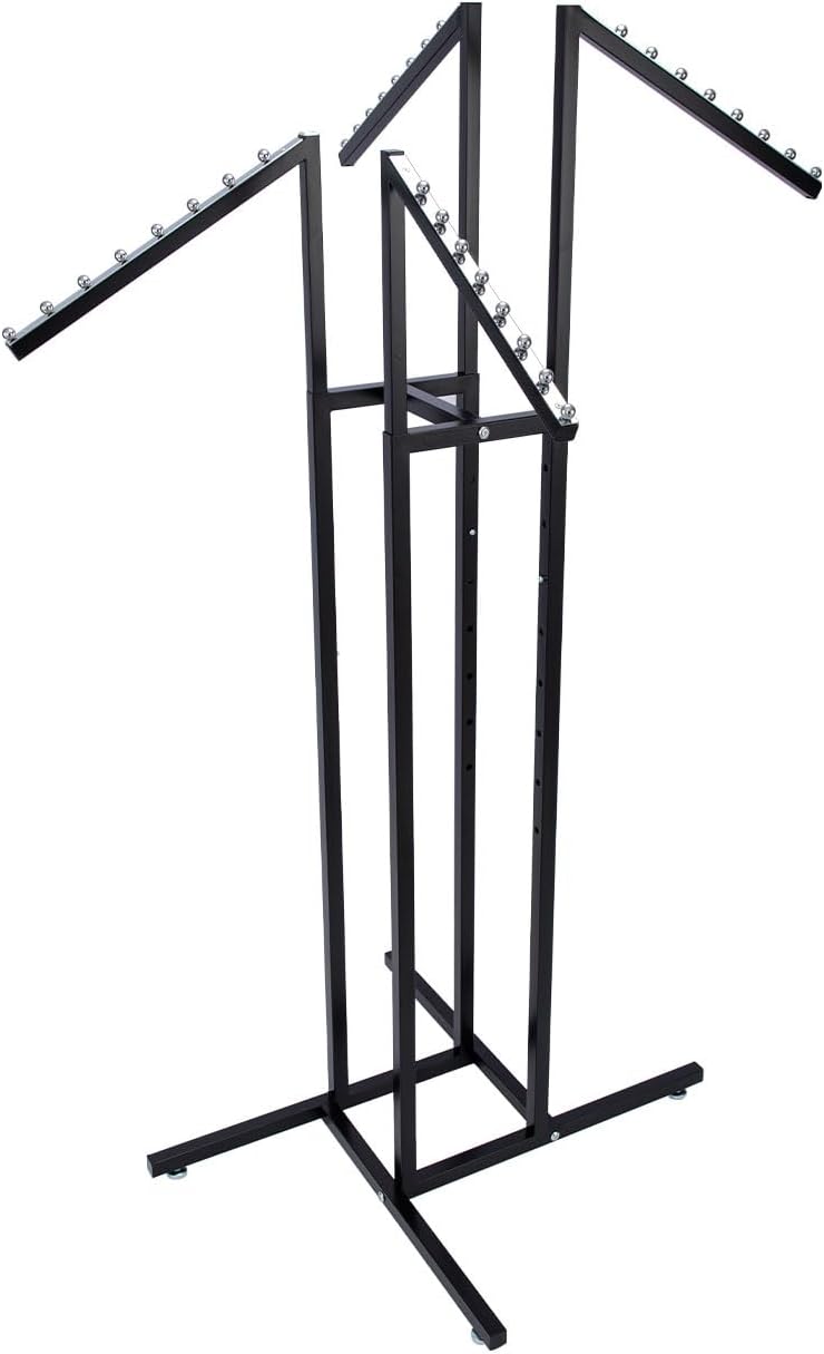 Black 4 Way Adjustable Clothing Rack with Slanted Arms - Retail Clothing Rack Display - Adjustable Height Arms from