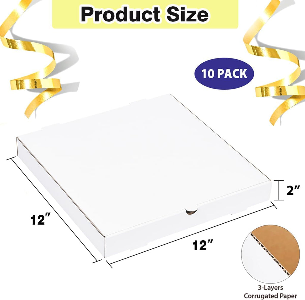 12x12x2 Inch 10 Pack Corrugated Pizza Boxes,Heavy Duty Cardboard Pizza Boxes,Disposable White Boxes for