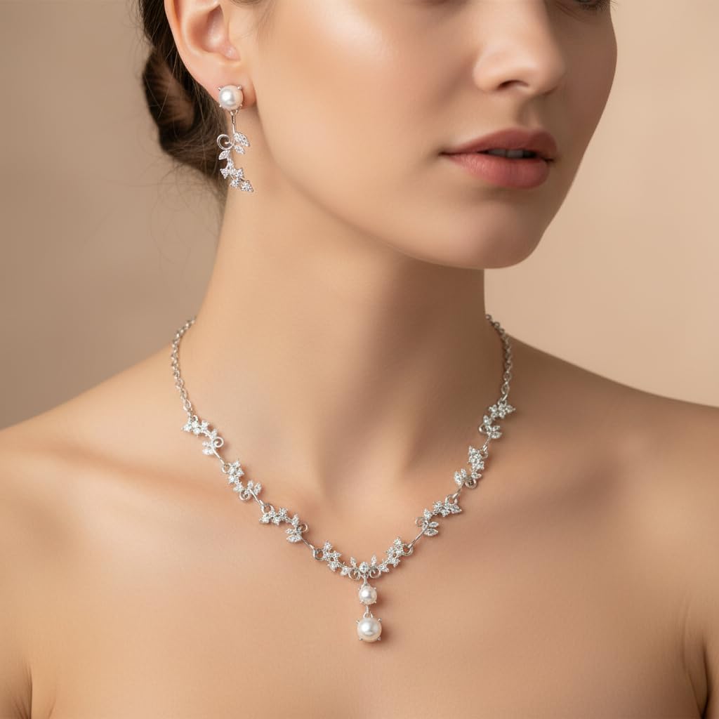Silver Jewelry Sets for Women Rhinestone Necklace Dangle Earrings Bracelet Set Bridal Wedding Jewelry Sets for Brides