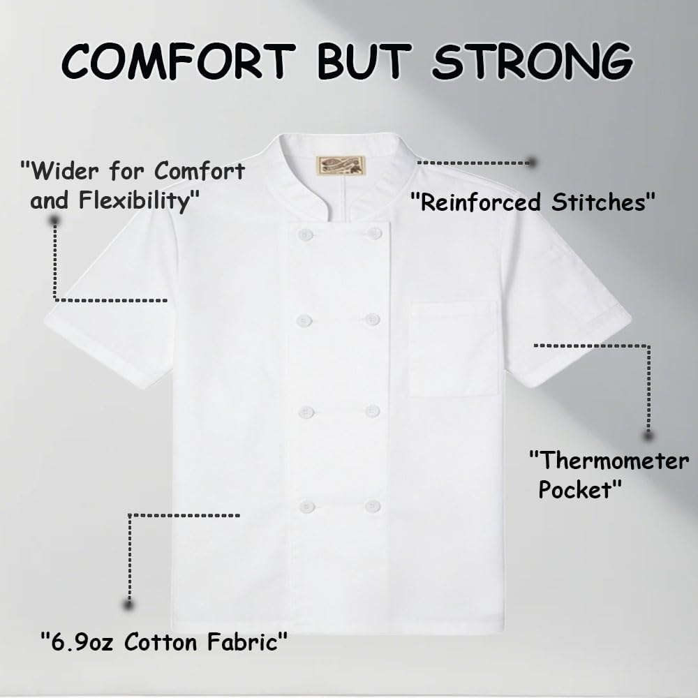 Plus Size Chef Coat Short Sleeve for Big and Tall Chef, Camisas de Chef Para Hombre Talla Grande, Big Size Only.