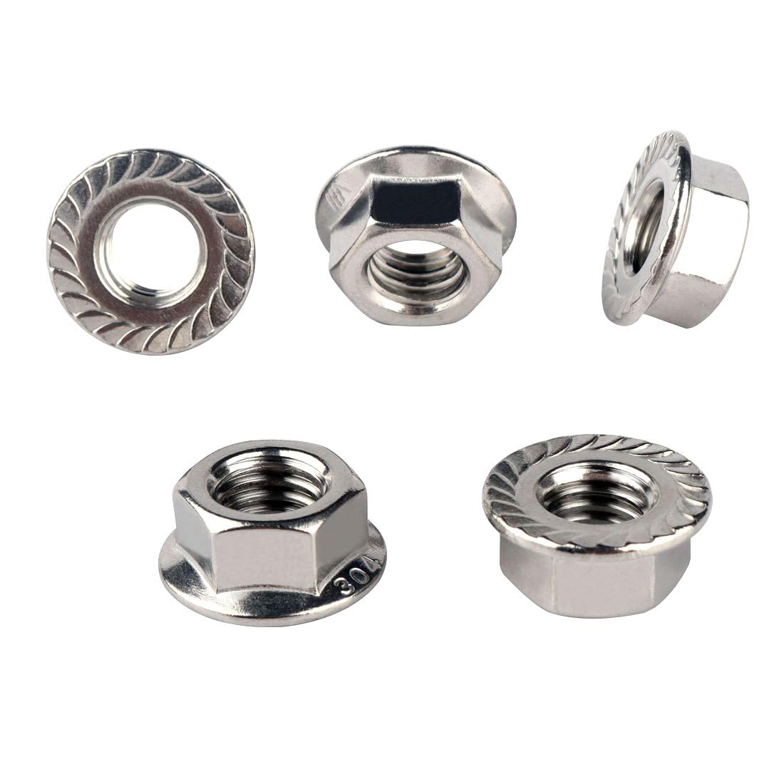 1/4-20 Serrated Flange Hex Lock Nuts 304 Stainless Steel, 50PCS Silver