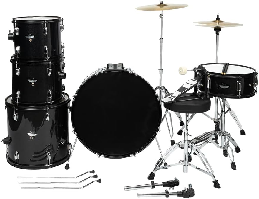 22 Inch Complete Adult Drum Set, 5-Piece, Black | Beginner Drums Kit, with Cymbal Stands, Hi-hat Stand, Sticks, Drum