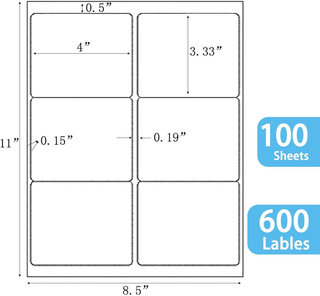 6 up 3-1/3“ x 4” Sticker Labels Shipping Address Labels for Laser & Inkjet Printers, 100 Sheets, Total 600 Labels