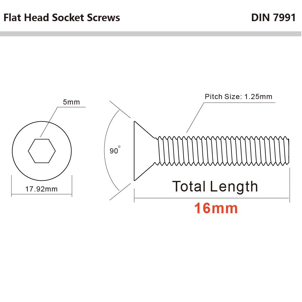 M8-1.25 x 16mm Flat Head Socket Cap Screws Bolts Countersunk Bolts, Stainless Steel 304, Bright Finish, DIN 7991, Allen Socket Drive, 25 PCS
