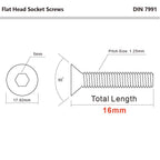 M8-1.25 x 16mm Flat Head Socket Cap Screws Bolts Countersunk Bolts, Stainless Steel 304, Bright Finish, DIN 7991, Allen Socket Drive, 25 PCS