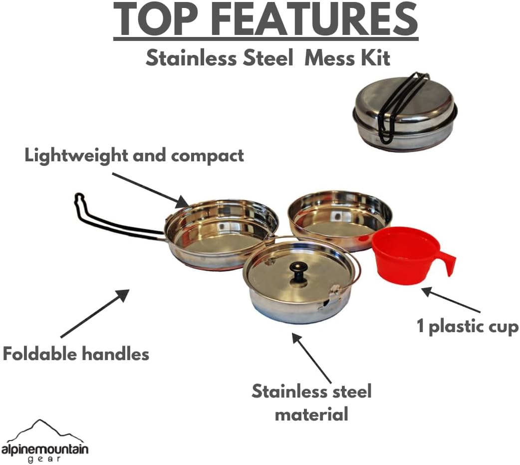 Stainless Steel Mess Kit - Steel Camping Cookware with Carrying Bag (Made by Caddis Sports)