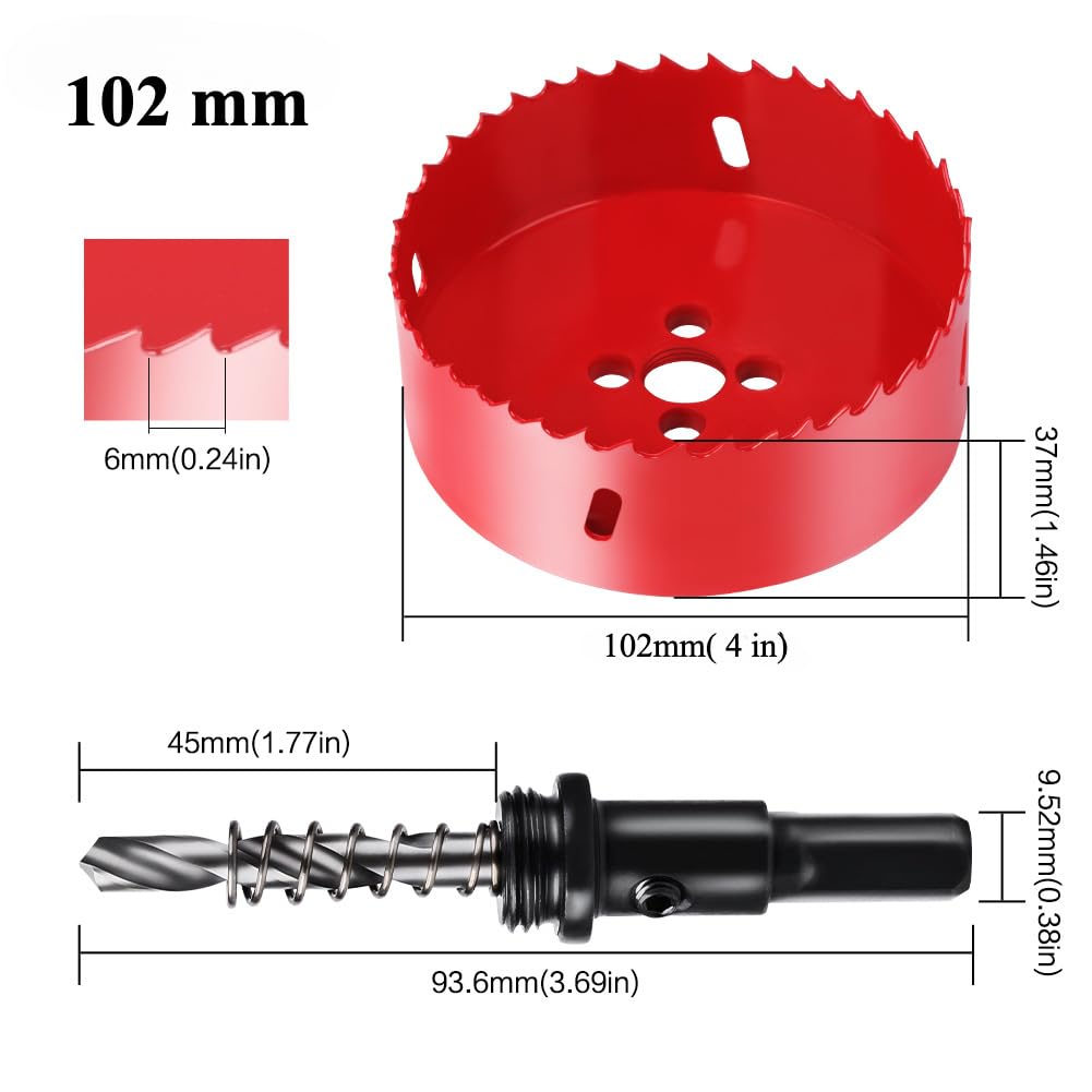 4 Inch Hole Saw, M42 HSS Bi-Metal Hole Cutter with Arbor, Triangular Shank Hole Saw Drill Bit with Spring for Wood, Plywood, Plastic, Gypsum Board, Various Thin Metal Sheets