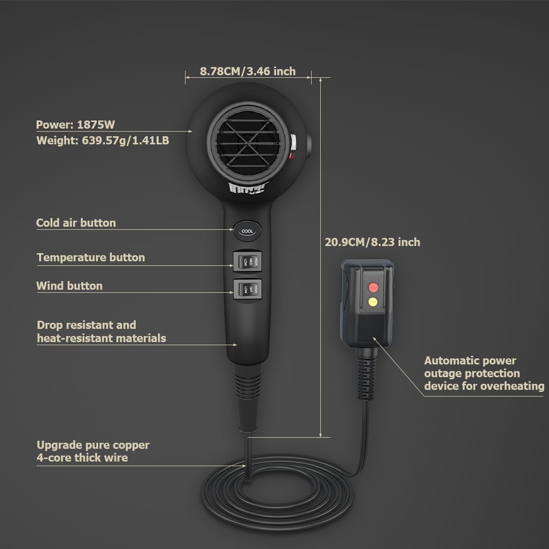 Hair Dryer, 1875W, 3 Heat & 2 Speed, with Diffuser, with Concentrator, Detachable Air Intake, Ionic Technology &