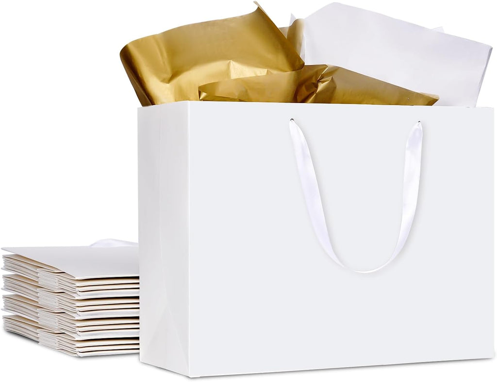 15.7" Extra Large White Gift Bags for Presents with Tissue Paper & Ribbon Handles for Shopping, Small Business
