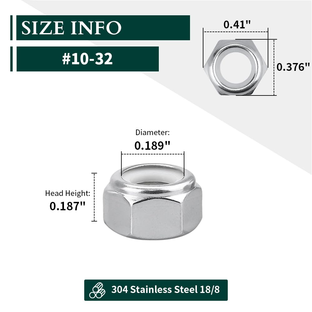#10-32 Nylon Lock Nuts, 304 Stainless Steel (18-8) Hex Insert Locknuts, UNF Fine Thread, Precision Nuts for 3D Printers & Electronics, 50 Pack