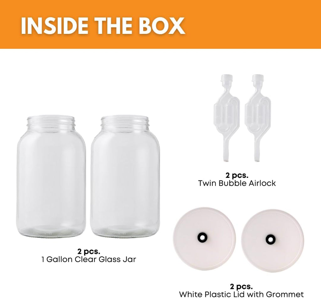 2-Pack 1 Gallon Glass Jar with Lid | Wide Mouth Twin Bubble Airlock Set | Heavy-duty Glass Jars with Airtight Lid for